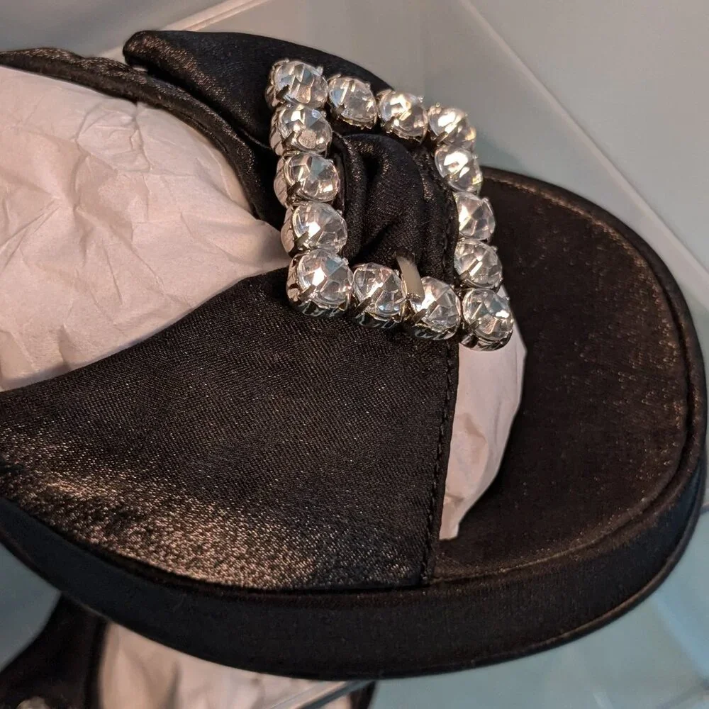 Vintage Chunky Heel Shimmer Black Platform Skechers Rhinestone Buckle Heels - Picture 13 of 16